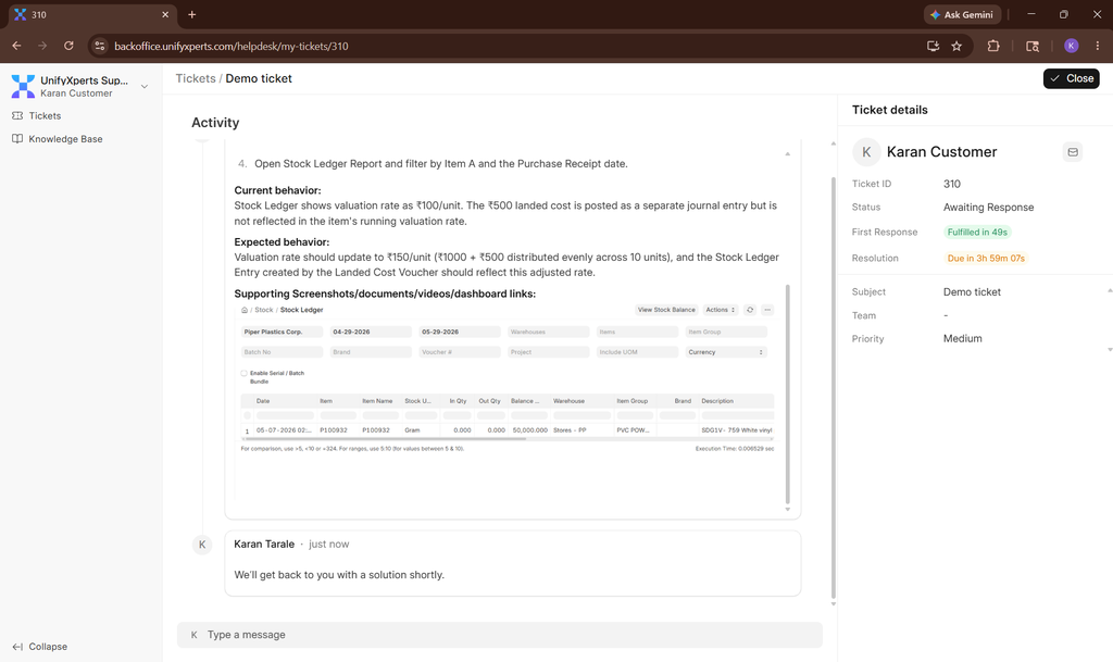 Open ticket view showing response time on the right panel